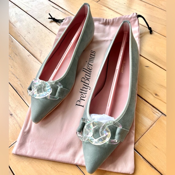 Pretty Ballerinas Shoes - NWT Pretty Ballerinas Sage Green Pointed Flats with Crystal Chain